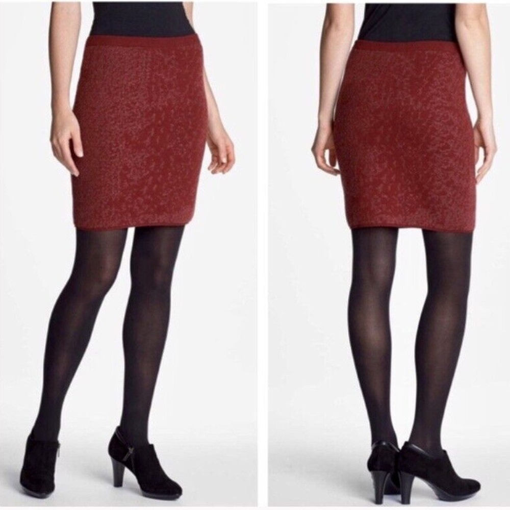 Eileen Fisher PL Dark Red Merino Cotton Shadow Sweater Pencil Skirt Sz L Petite